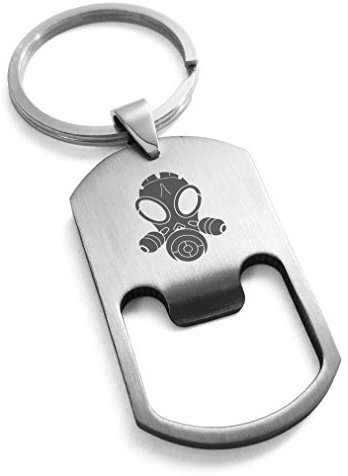 Tioneer Stainless Steel Biohazard Gas Mask Engraved Bottle Opener Dog Tag Keychain Keyring