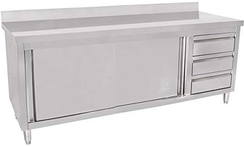 Beeketal 'BAS200-70R' Gastro Edelstahl Küchenschrank mit 3 Schubladen (rechts), 2 Rolltüren und 4 verstellbaren Standfüßen, Küchen Arbeitsplatte mit 10 cm Aufkantung - (L/B/H) ca. 2000 x 700 x 950 mm