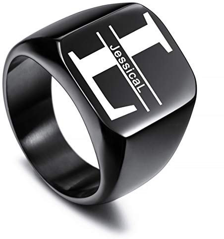 VIBOOS Benutzerdefinierte gravierte Initiale Monogram Signet Ring für Männer Frauen Jungen Herren Ringe Edelstahl, Bündel mit Ringgrößeneinstellern (Schwarze Farbe)