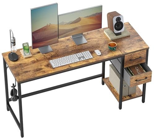 Cubiker Computer Home Office Desk with Drawers, 140x50 cm Small Desk Study Writing Table, Modern Simple PC Desk, Brown
