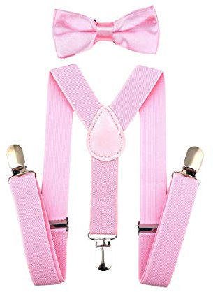 SUNTRADE Kinder-Hosenträger mit elastischer Y-Form, verstellbar mit Clips und Fliege für Jungen und Mädchen (Rosa)