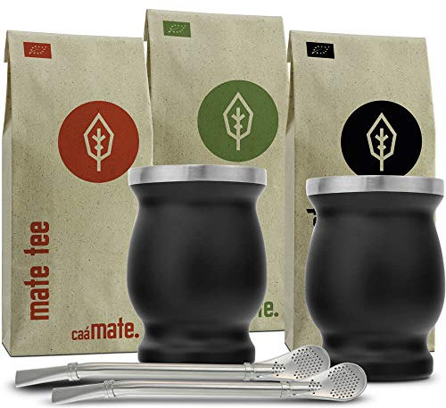 Mate Tee Set Bio ● 3 Matesorten + 2 doppelwandige Edelstahl Matebecher + 2 Bombillas + Zubereitungsanleitung (schwarz)