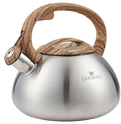 Stovetop - Tetera silbadora de acero inoxidable para estufa, silbato de té con mango de madera, hervidor de agua (cuerpo plateado y mango negro)