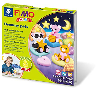 STAEDTLER Spiel- und Modellier-Set FIMO kidsDreamy-Pets, besonders weiche Modelliermasse, spannende kindgerechte Projekte fördern die Feinmotorik und Kreativität, 8034 28 LY
