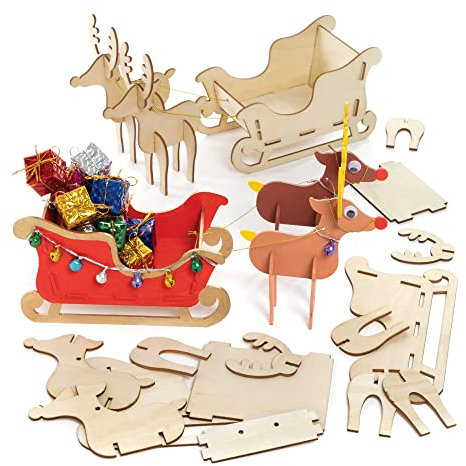Baker Ross FE852 Rentier und Schlitten Setsaus Holz, Holzbasteln für Kinder zum Dekorieren und Ausstellen, Machen Sie Ihre eigenen Weihnachtsdekorationen