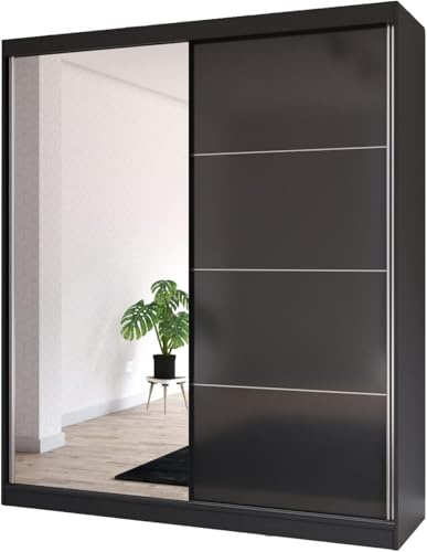 Fabryka Mebli Idźczak Kleiderschrank mit Spiegel, Schiebetüren - Schwebetürenschrank, Schlafzimmerschrank - ‎61 x 203 x 218 cm - Schrank für Schlafzimmer, Ankleidezimmer, Garderobe - Schwarz