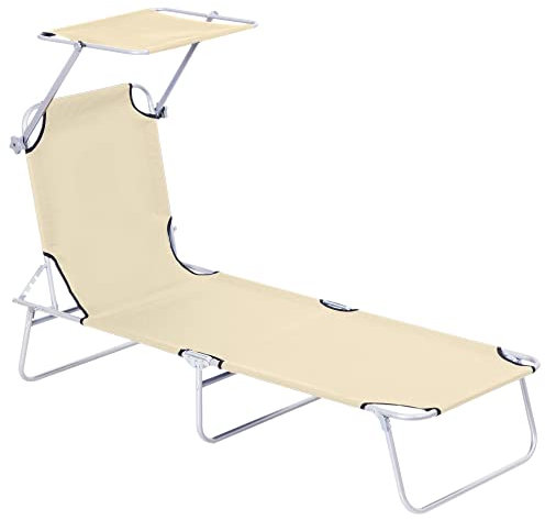 Outsunny Sonnenliege klappbar Gartenliege mit Dach, Liegestuhl mit 4-Fach verstellbare Rückenlehne, wetterfeste Campingliege bis 120 kg belastbar, für Garten Strand Pool, Beige
