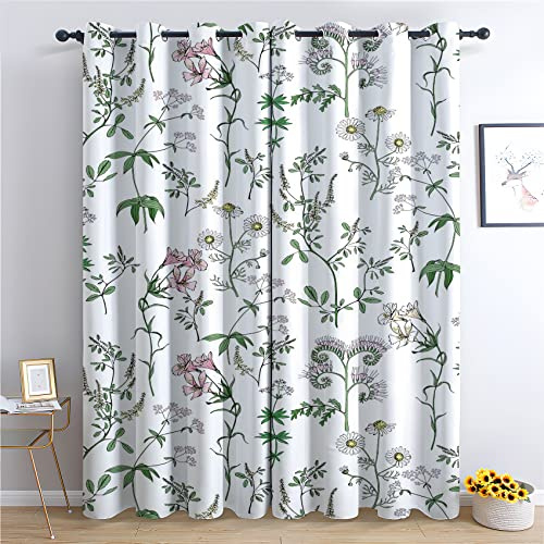 WQIZXCW Floral Curtains, Flower Leaf Blackout Curtains for Bedroom Living Room, Thermal Eyelet Curtains, 90 Drop Patterned Window Treatments, 66x90 Inch (W X L), 2 Panels - White & Multi