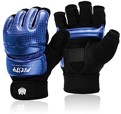 FitsT4 Sports MMA Gants de boxe rembourrés, gants d'entraînement, sac de frappe, sac de sable, kickboxing, arts martiaux, taekwondo, sparring avec protection du poignet pour hommes et femmes, bleu, M