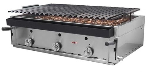 MBH - Barbacoa a gas profesional de piedra volcánica 90 cm económica para hostelería. Barbacoa industrial parrilla pavonada para bar, restaurante.