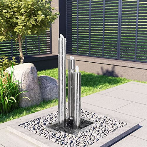 Gecheer Gartenbrunnen Säulenbrunnen Springbrunnen Garten Deko Brunnen Zierbrunnen Wasserspiel mit LED Beleuchtung Silbern 48x34x88 cm