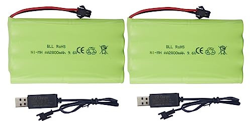 ZYGY 2PCS 9.6V 2800mah AA Batterie Rechargeable avec SM-2P Plug avec câble de Chargement USB pour Voitures RC Camions Chars Véhicules d'Ingénierie Bateaux Jouets électriques Batteries Rechargeables