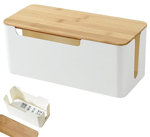 Kabelbox Kunststoff, Kabelmanagement Box Schreibtisch, Kabel Organisator Mit Holz Deckel, Kabelmanagement Box Weiß Groß, für Verstecken TV Computer Router Kabel Steckdosen