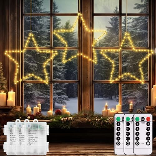 CCILAND 3 Stück LED Stern Lichter Weihnachtsdeko Fenster, 180 LED Sterne Weihnachtsbeleuchtung Batteriebetrieben mit 8 Modi Timer Weihnachtsstern Beleuchtet für Weihnachten Hochzeit Deko (Warmweiß)