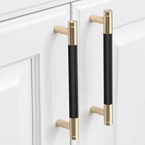 9BUILD 10 Pack 128MM Gold Matte Black Kitchen Cupboard Handles Knurled Cabinet Handles Cabinet Pulls Drawer Handles Kitchen Handles UK0037