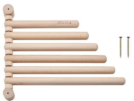 KitchenCraft Idilica Beechwood 6-Rail Wall Rack, Wooden Wall Rack with 6 Moving Rails for Tea Towels, Aprons & Bags, Fixtures Included