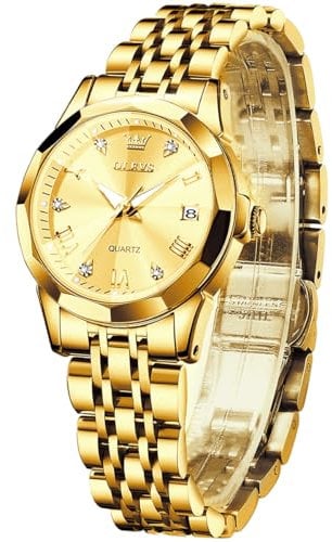 OLEVS Montre Femme Diamant Montre avec Petit Visage Or Argent Bracelet en Acier Inoxydable Étanche Date Montre, Doré