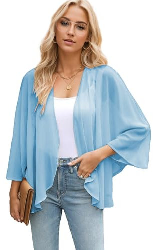 Famulily Ladies Chiffon Kimono Cardigans Summer Sheer Shrugs Top Half Sleeve Open Front Beach Cover up (L,Blue)