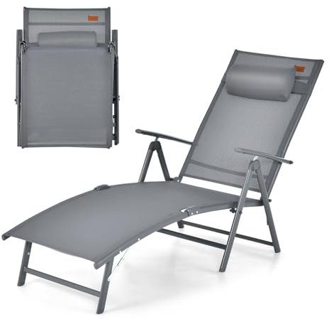 GOPLUS Sonnenliege, Liegestuhl klappbar, Gartenliege wetterfest, Rücklehne in 7 Position verstellbar, Relaxliege Garten mit Kopfstütze, bis 150kg belastbar, Strandliege Garten Balkon Hof (Grau)