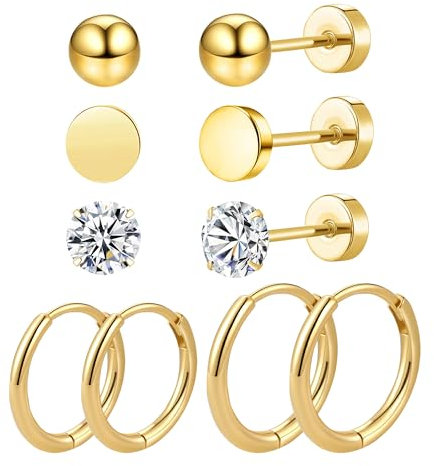 JUZICHEN 5/6/9 Paare Ohrringe Gold Silber Schwarz Für Damen, Kleine Creolen 8/10/12mm, 316L Edelstahl Ohrstecker Goldene, 14K Vergoldete Ohrringe Set Hypoallergene Für Damen (Gold)