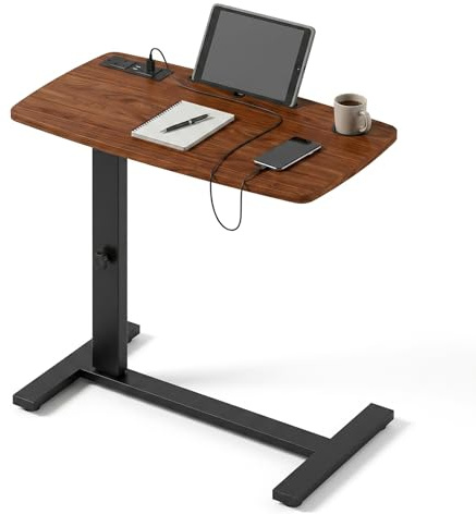 Levede Foldable Overbed Table with Wheels, Height Adjustable Mobile Desk with USB & Power Sockets, Gas Lift Standing Desk for Bed, Sofa, Home Office, Bedroom, Living Room, 80x40 cm Dark Walnut
