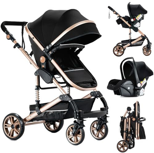 Reenborn Kinderwagen 3 in 1, Buggy mit Zwei Umkehrbaren Schiebemodi, Kinderwagen mit Rahmen Aluminiumlegierung, Kinderwagen 3 in 1 Komplettset mit Ein-Klick-Faltdesign Hohe Landschaft (739 Black Gold)