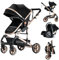 Reenborn Kinderwagen 3 in 1, Buggy mit Zwei Umkehrbaren Schiebemodi, Kinderwagen mit Rahmen Aluminiumlegierung, Kinderwagen 3 in 1 Komplettset mit Ein-Klick-Faltdesign Hohe Landschaft (739 Black Gold)