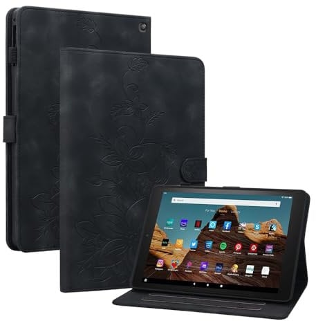 Jenyoog Case for Amazon Kindle Fire HD 10 & 10 Plus Tablet(13th/11th Generation 2023/2021 Release) with Pencil Holder Pocket Elastic Band Folio Stand Magnetic PU Leather Cover (Black)