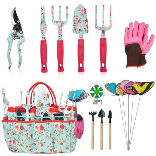 Set di Attrezzi da Giardinaggio, Kit Giardinaggio di Attrezzi Manuali da Floreale Giardino da 16 Pezzi, Regali da Giardinaggio per Donne e Uomini, Attrezzi da Giardinaggio per Impieghi Gravosi