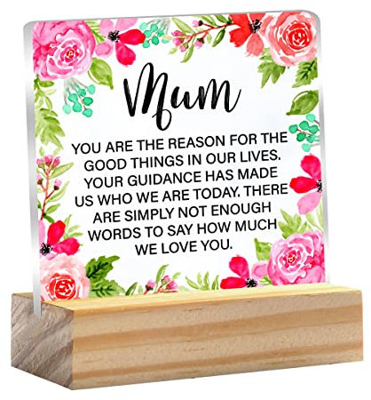 Acrylschild mit Holzständer, Aufschrift Mom You are the Reason for the Good Things, transparentes Schreibtisch-Dekor-Schild, Andenken, Geschenk, Aufschrift Mum We Love You, mit Holzständer,