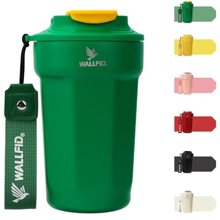 WALLFID Taza de viaje 14oz/450ml, Taza de café aislada con tapa a prueba de fugas y moldes de hielo circulares, Taza de café para el coche (Verde esmeralda)