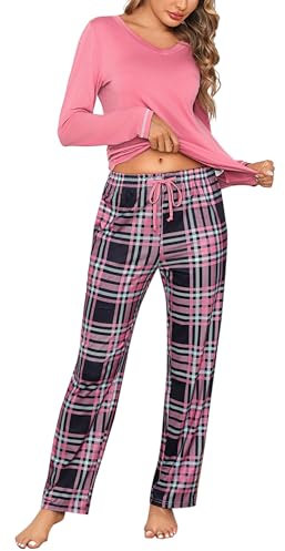 Litherday Pijama Mujer Invierno Algodón Largo Cómodo Conjunto Pijamas Mujer Cuello en V con Pantalón Cuadros Bolsillos y Cordón Talla Grande, Rosa Rosa,S