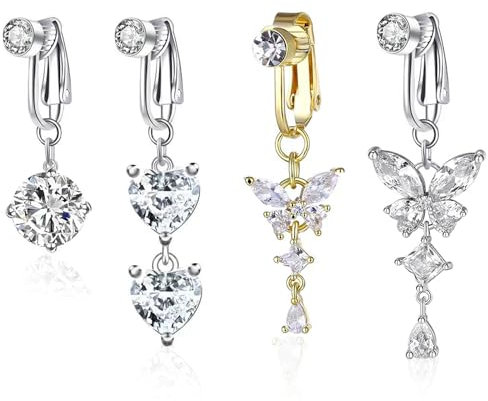 IETWATE 4PCS Fake Bauchnabelpiercing Schmetterling, Kein Stanzen Fake Piercing Bauchnabel, Kupfereingelegter Zirkon Anhänger Bauchnabelpiercing Fake Clip, Herz Fake Bauchnabel Piercing