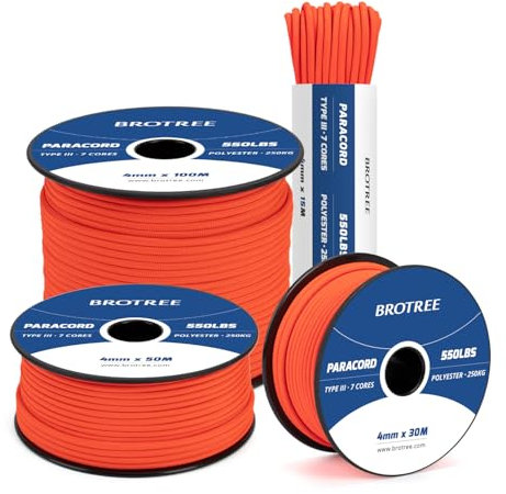 Brotree 550 Paracorde 4mm 30m Corde 100% Polyester Type III 7 Brins pour Bracelet, Artisanat, Extrieur, Survie - Néon Orange