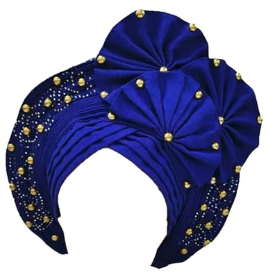 Nigerianische Kopfbedeckung mit Perlen, Turban, afrikanische Hochzeit, Kopftuch, muslimische Hijab, Motorhaube, Turban-Kappe, 04 Royalblue, Einheitsgröße