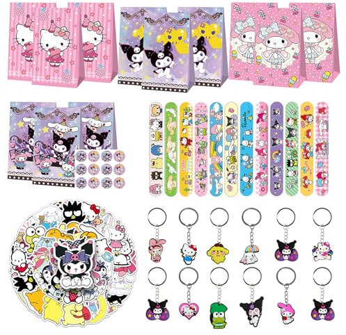 86Pcs Regali di Compleanno per Bambini Kuromi, Set Regalo Kuromi con 12 Braccialetti a Scatto, 12 Sacchetti Regalo, 12 Portachiavi, 50 Adesivi, Regali di Festa Sanrio, Regali di Compleanno per Bambini