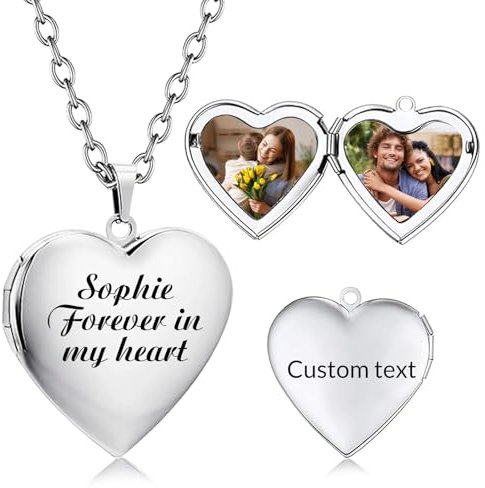 Personalised Locket Necklace with Picture Inside - Custom Photo Heart Locket Necklace with Engraved Text, Personalised Jewellery Gifts for Women and Girls (Silver)