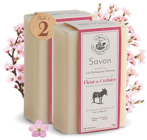 Savon au Lait d'Anesse Bio 2x115g - Naturel à 98% - Savon corps et visage - Savon Parfumé Fleur de Cerisier - Fabriqué en Provence