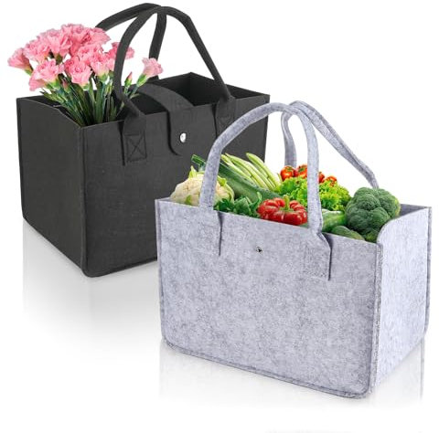 Tapvai 2 Stück 30x20x18 cm Filztasche Groß, Filztaschen Shopper Faltbar Tragetasche und Wiederverwendbar, Filztasche Klein zur Einkaufen, Reisen, Arbeit, Picknick, Ausgehen(Schwarz Grau)