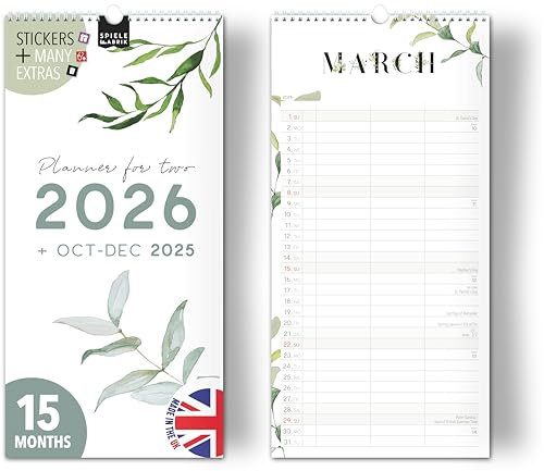 Couple planner 2026 3 columns FLORAL planner for two 2026 and Oct-Dec 2025, partner calendar 16x32,5cm, calendar for couples 2026, 2 persons Boho, flowers, design