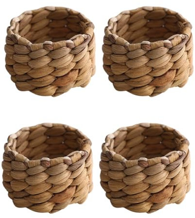 CALFOVERA 4 Ensemble de Ronds de Serviette en Jacinthe d'eau Tressés Faits à la Main 3.5cm en Rotin Style Rustique Style Bohème pour Anniversaire Noël Mariage