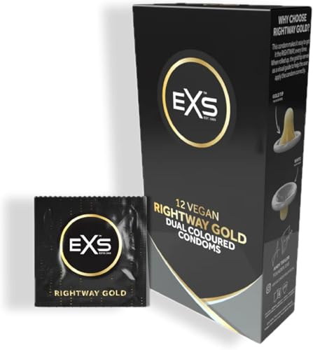 EXS | Rightway Gold Condoms | Natural Latex & Lightly Lubricated | Smart Dual-Colour Design | Vegan | 12 Pack