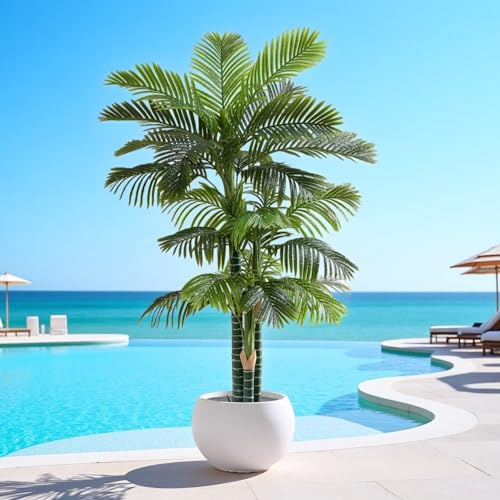 6FT Tall Triple Golden Cane Palm Tree (1 Pack), Large Faux Plants, UV Resistant Indoor/Outdoor Fake Plant in Black Cement Pot - Realistic Tropical Decor for Patio, Living Room, Office