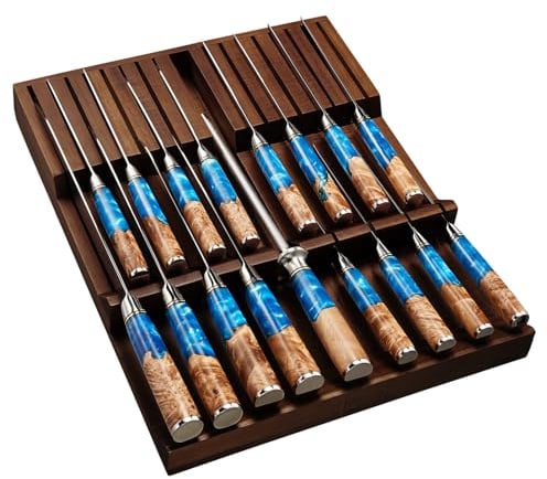 SENKEN In-Drawer Knife Block, Natural Acacia Wood Kitchen Knife Drawer Organizer, Holds 16 Knives + 1 Sharpener Slot for 17 Total Slots, Includes Steak Knife Slots, Space Saving Knife Storage Solution