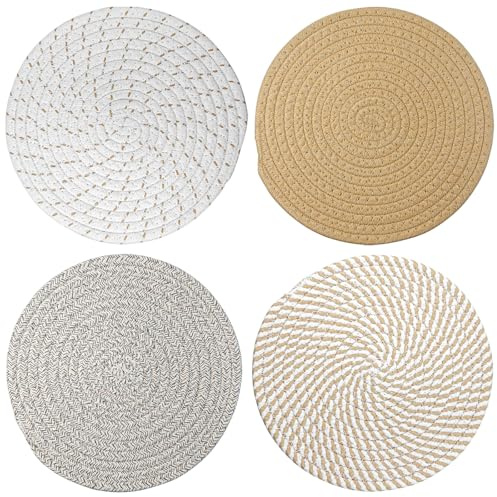 Hevysuo 4 PSC Topfuntersetzer Baumwolles,20cm Runde Topfuntersetzer Untersetzer Set,Geflochtene Hitzebeständig Topfuntersetzers für Küche Töpfe Pfannen und Teller(Beige)