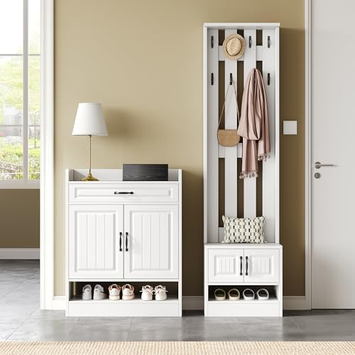 Lcoho Garderobenset, Wandgarderobe; Garderoben Set mit Schuhbank und schuhrank,8 Haken, 4 Türen, 1 Schublade, Weiß Flurmöbel 125x36x190cm (B×H×T) (B125xD36xH190 cm)