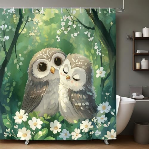 Duschvorhang 240x200 cm Tier Eule und Gänseblümchen wasserdicht Polyester Badewanne Badezimmer Vorhang maschinenwaschbar schnell trocknend mit 12 Haken