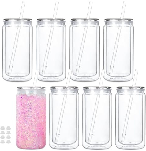 Cosictic 8 Pack Reusable Plastic Snow Globe Tumbler with Pre-drilled Hole. 16 Oz Double Wall Plastic Tumbler, with Clear Lid and Straw.