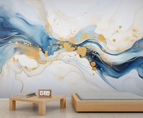 Papier peint mural marbre blanc, papier peint mural en marbre tendance, papier peint texturé bleu pour ferme, salon, chambre à coucher, canapé, arrière-plan TV - 300 x 210 cm