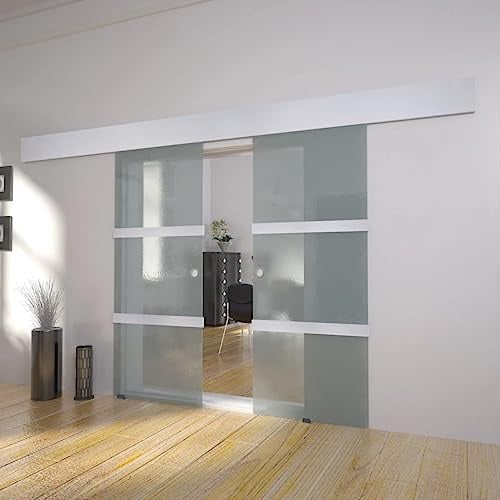 Doppia porta scorrevole in vetro, 205 x 75 cm, traslucido, binario in alluminio, set completo per casa, scorrevole, salvaspazio
